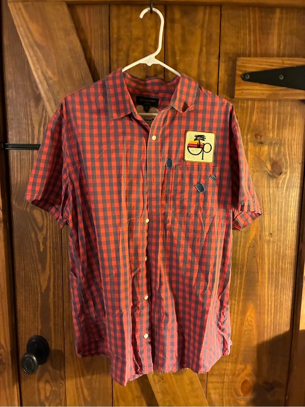 Banana Republic Red and Blue Check Short-Sleeve Button-Up Shirt with Patch